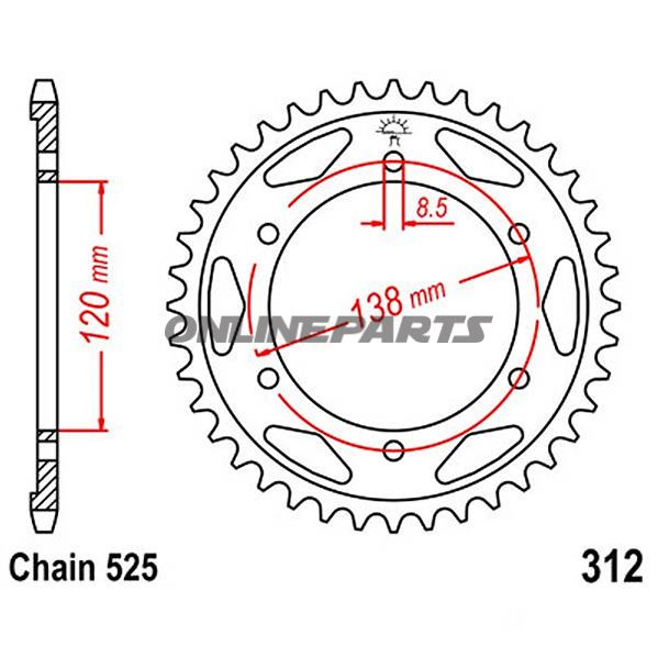 Rear Sprocket 38 Tooth Pitch 525Inner Diameter 120 Bolt Spacing 138
