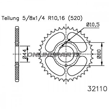 Rear Sprocket 28Z Pitch 520 Blackinner Diameter 044 Bolt Spacing 080