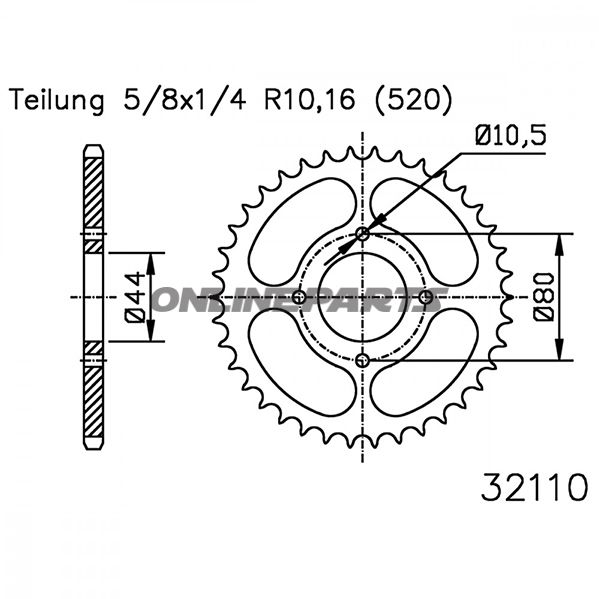 Rear Sprocket 28Z Pitch 520 Blackinner Diameter 044 Bolt Spacing 080