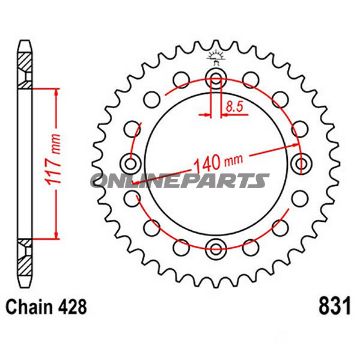 Rear Sprocket 36 Tooth 428 Silverinner Diameter 117 Bolt Spacing 140