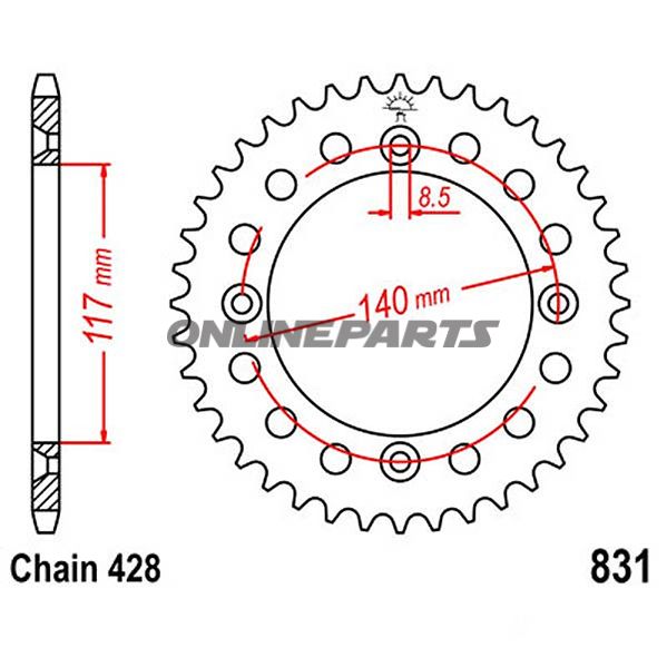 Rear Sprocket 36 Tooth 428 Silverinner Diameter 117 Bolt Spacing 140