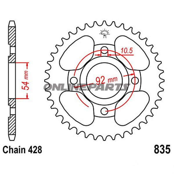 Rear Sprocket 46 Tooth 428 Blackinner Diameter 54 Bolt Spacing 92