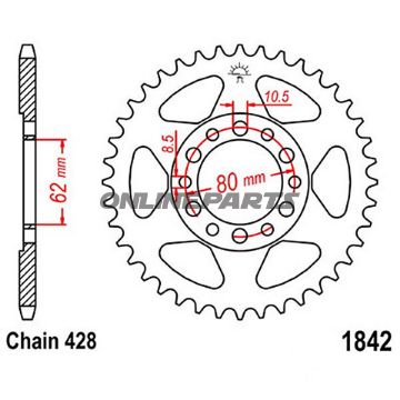 Rear Sprocket 42 Tooth Pitch 428Inner Diameter 062 Bolt Spacing 080