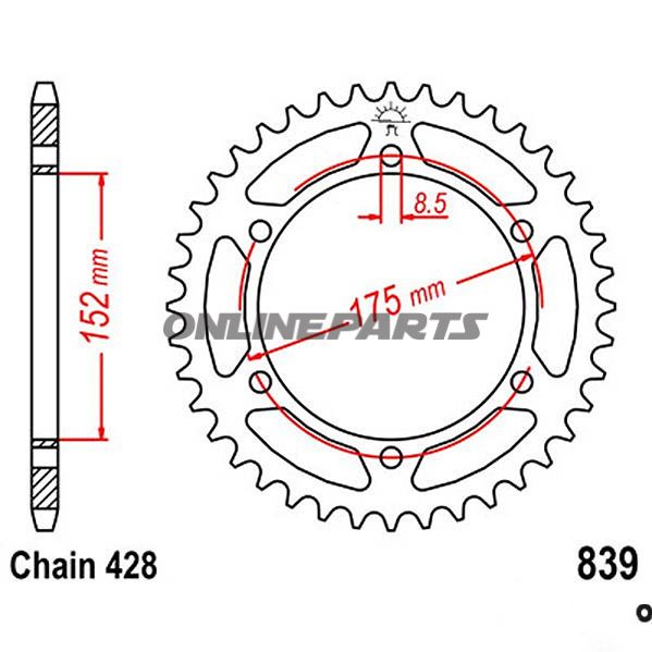 Rear Sprocket 52Tooth Pitch 428Inner Diameter 152 Bolt Spacing 175
