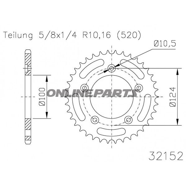 Rear Sprocket 45 Tooth Pitch 520 Blackinner Diameter 100 Bolt Spacing 124