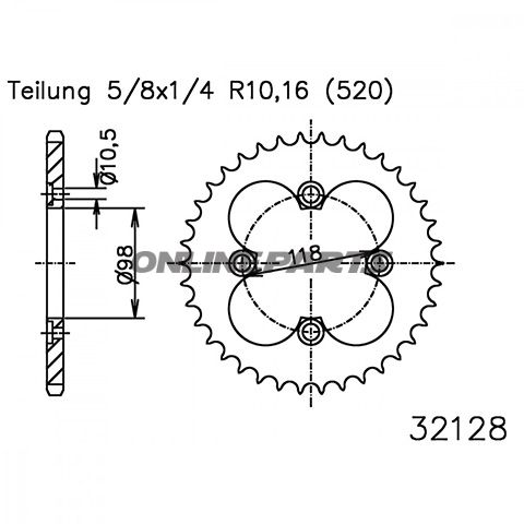 Rear Sprocket 40 Tooth Pitch 520Inner Diameter 098 Bolt Spacing 118