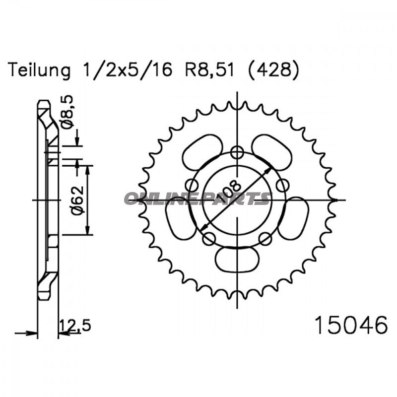 Tandhjul 49Z tænder 428 Indre diameter 062 Hulmønster 108