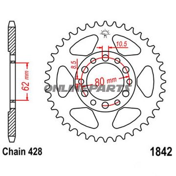Bagtandhjul 52 T, Størrelse 428Inner Diameter 62 Bolt Spacing 80