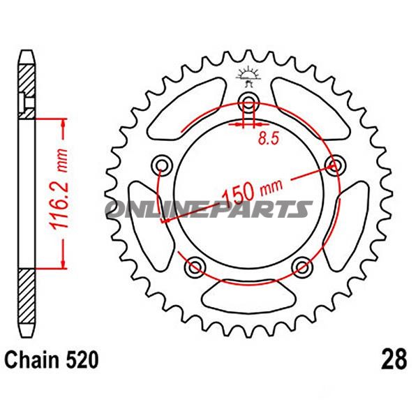 Tandhjul 42Z tænder 520 indre diameter 116 hul cirkel 150 til Aprilia RS 250