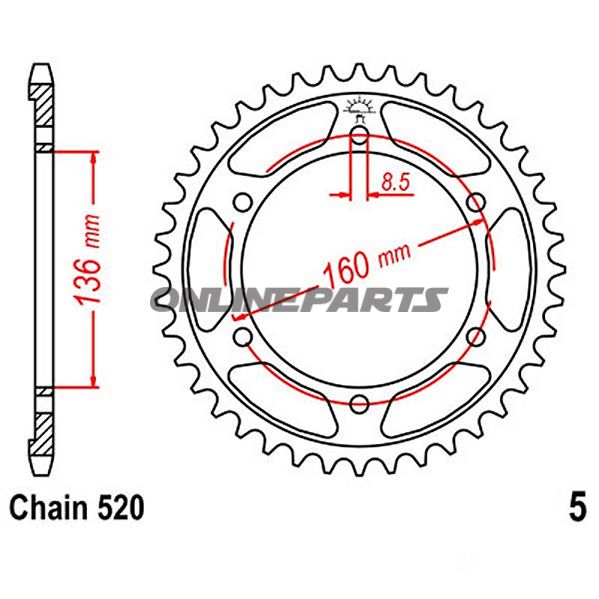 Bagtandhjul 43 T, Størrelse 520Inner Diameter 136 Bolt Spacing 160