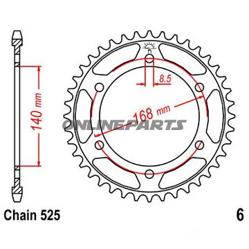Bag tandhjul 42 Tooth Pitch 525Inner Diameter 140 Bolt Spacing 168