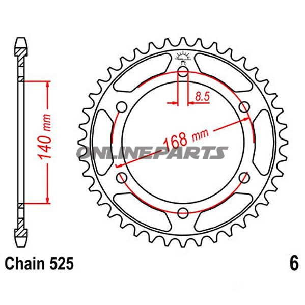 Bag tandhjul 42 Tooth Pitch 525Inner Diameter 140 Bolt Spacing 168