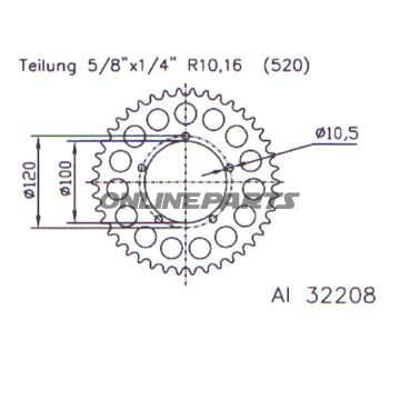 Aluminium Tandhjul 42Z tænder 520 sølv Esjot indre diameter 100 hul cirkel 120