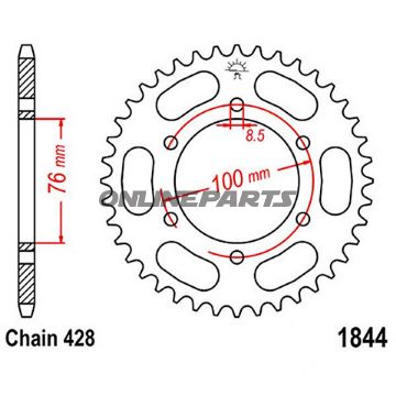 Bag tandhjul 44 Tooth Pitch 428Inner Diameter 076 Bolt Spacing 100
