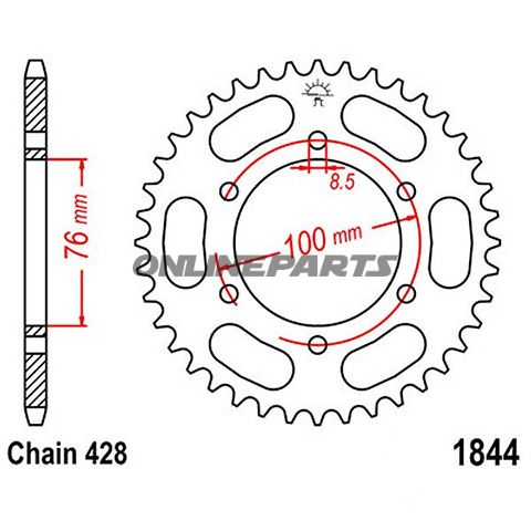 Bag tandhjul 44 Tooth Pitch 428Inner Diameter 076 Bolt Spacing 100