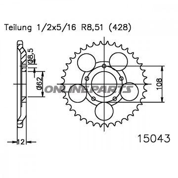 Bagtandhjul 51 T, Størrelse 428Inner Diameter 062 Bolt Spacing 108