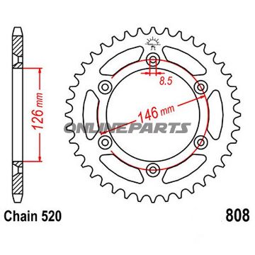 Bag tandhjul 44 Tooth Pitch 520Inner Diameter 126 Bolt Spacing 146