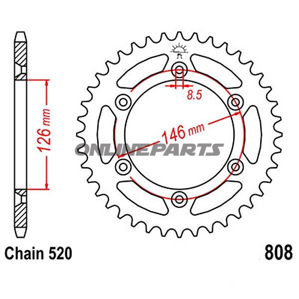 Bag tandhjul 44 Tooth Pitch 520Inner Diameter 126 Bolt Spacing 146