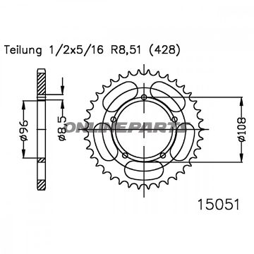 Bag tandhjul 52 Tooth 428 Silverinner Diameter 96 Bolt Spacing 108