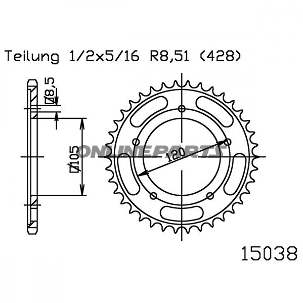 Bag tandhjul 56 Tooth Pitch 428Inner Diameter 105 Bolt Spacing 120