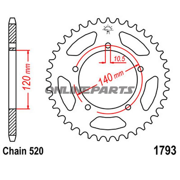 Tandhjul 42Z tænder 520 indre diameter 120 hulcirkel 140