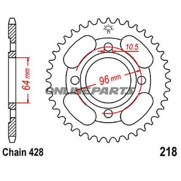 Tandhjul 44Z tænder 428 Indre diameter 064 Hulmønster 096 til Honda CG 125 ES