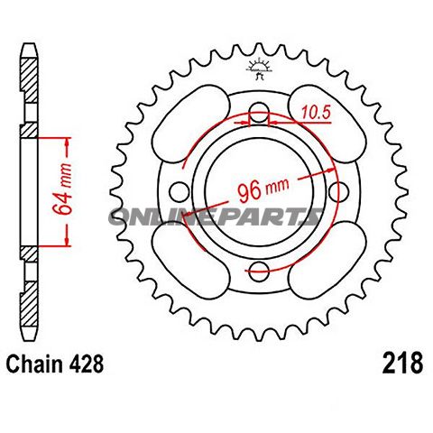 Tandhjul 44Z tænder 428 Indre diameter 064 Hulmønster 096 til Honda CG 125 ES