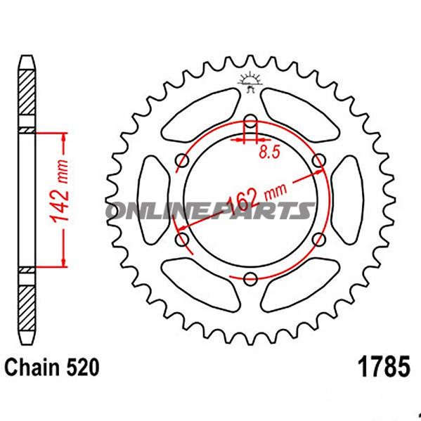 Tandhjul 48Z tænder 520 Indre diameter 142 Hulcirkkel 162 til Suzuki PE 175