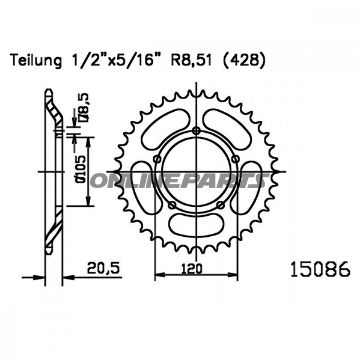 Bag tandhjul 55 Tooth Pitch 428Inner Diameter 105 Bolt Spacing 120