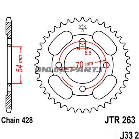 Tandhjul 34Z tænder 428 Indre diameter 054 Hulmønster 070 til FKM FK12 125 MS i.e.