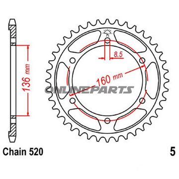 Bag tandhjul 41Tooth Pitch 520Inner Diameter 136 Bolt Spacing 160