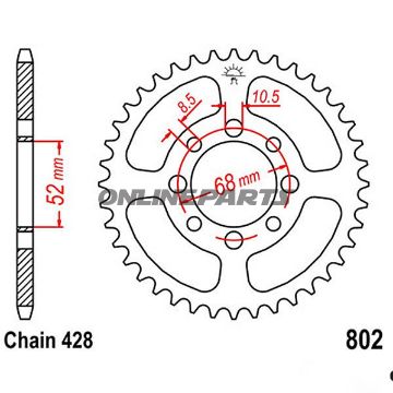 Bag tandhjul 34Tooth Pitch 428Inner Diameter 052 Bolt Spacing 068