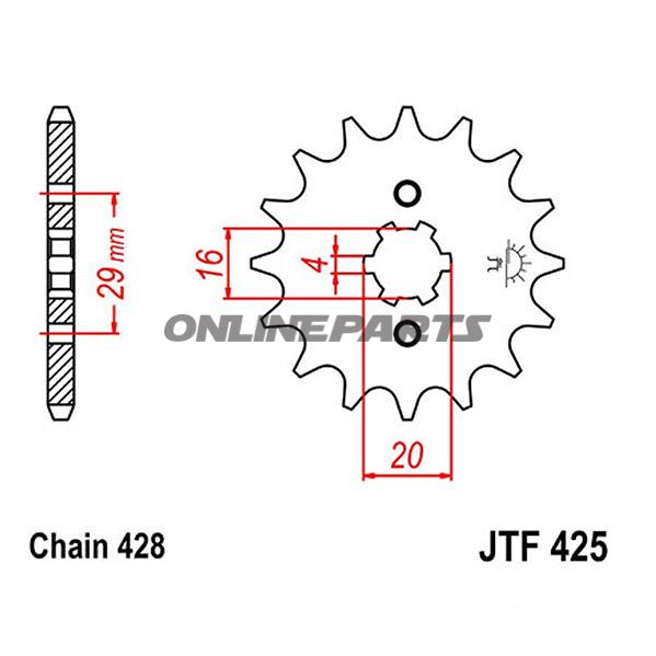 Ritzel 12Z dele 428 groft tandet 4 indvendig diameter 16/20