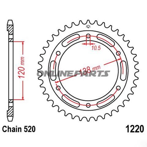 Tandhjul 36Z tænder 520 indvendig diameter 120 hulcirkel 138