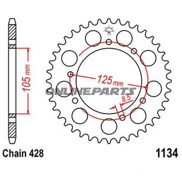 Bag tandhjul 57 Tooth Pitch 428 Blackinner Diameter 105 Bolt Spacing 125