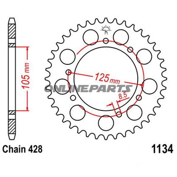 Bag tandhjul 57 Tooth Pitch 428 Blackinner Diameter 105 Bolt Spacing 125