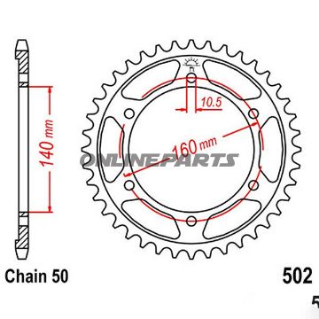 Tandhjul 42Z tænder 530 indre diameter 140 hul cirkel 160