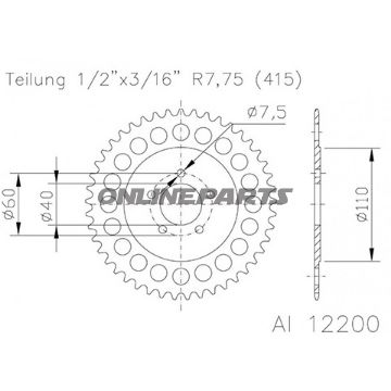Aluminium Tandhjul 43Z tænder 415 sølv Esjot indre diameter 040 hulmønster 060