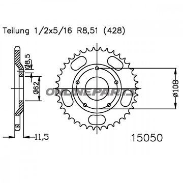 Bag tandhjul 53 Tooth Pitch 428Inner Diameter 062 Bolt Spacing 108