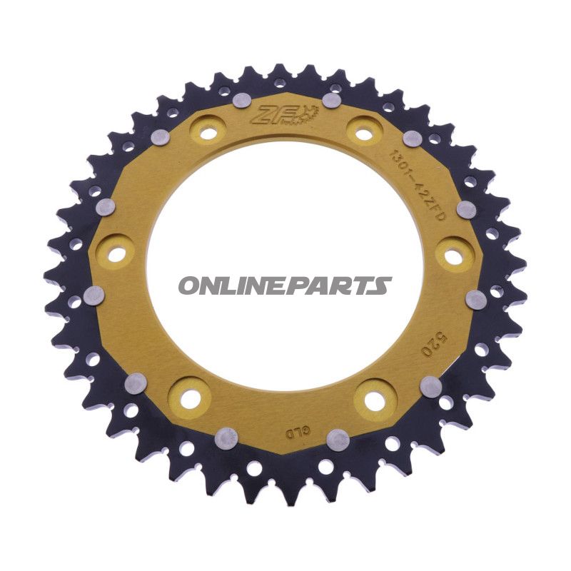 BAGESTE TANDHJUL DOBBELT 42 TAND PITCH 520 GULD ZF INDVENDIG DIAMETER XXX BOLTAFSTAND XXX