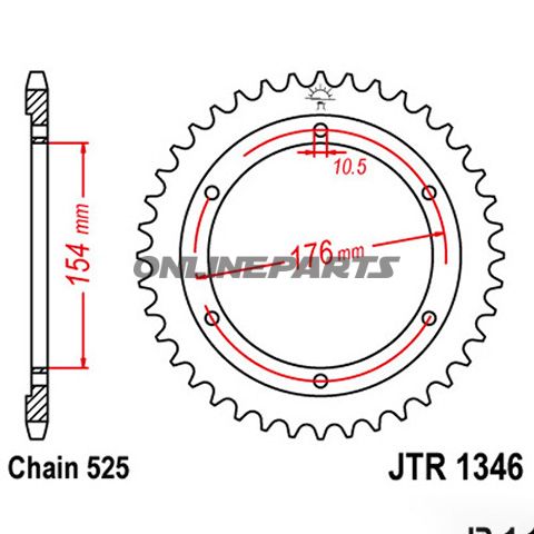 Tandhjul 44Z tænder 525 Indre diameter 154 Hulmønster 176 til Honda CB 1000 RA