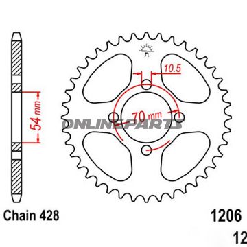 Bag tandhjul 44Tooth Pitch 428Inner Diameter 054 Bolt Spacing 070 til Honda CBR 125 RW