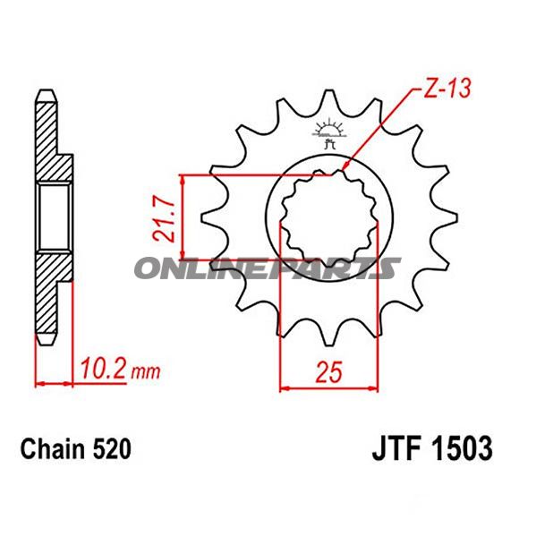 Tandhjul 13 tænder, dele 520 fint tandet indre diameter 22/25 til Kawasaki KEF 300 B