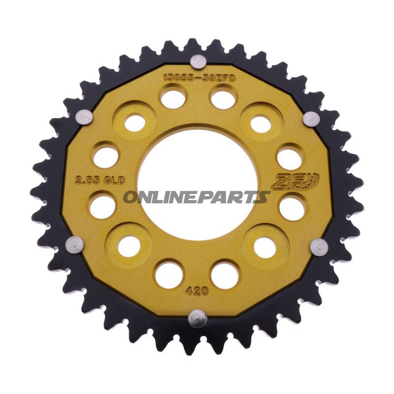 Tandhjul Dual 39T Pitch 420 guld ZF indvendig diameter 058 Bolt Cirkel 090