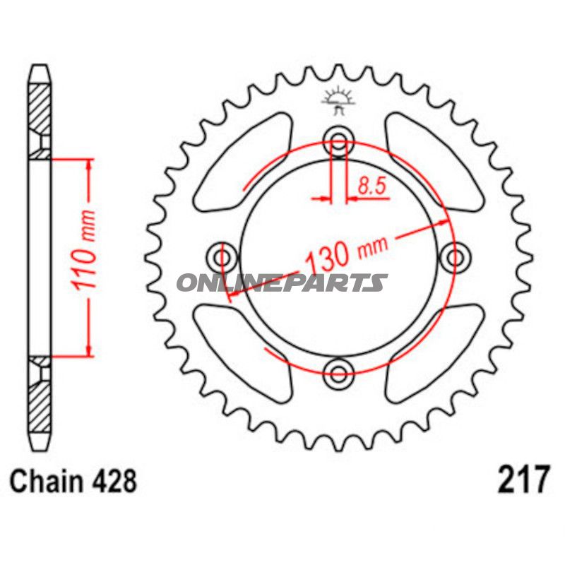 BAGESTE TANDHJUL 55 TAND, STIGNING 428, SØLV INDRE DIAMETER 110 LOCHKREIS 130
